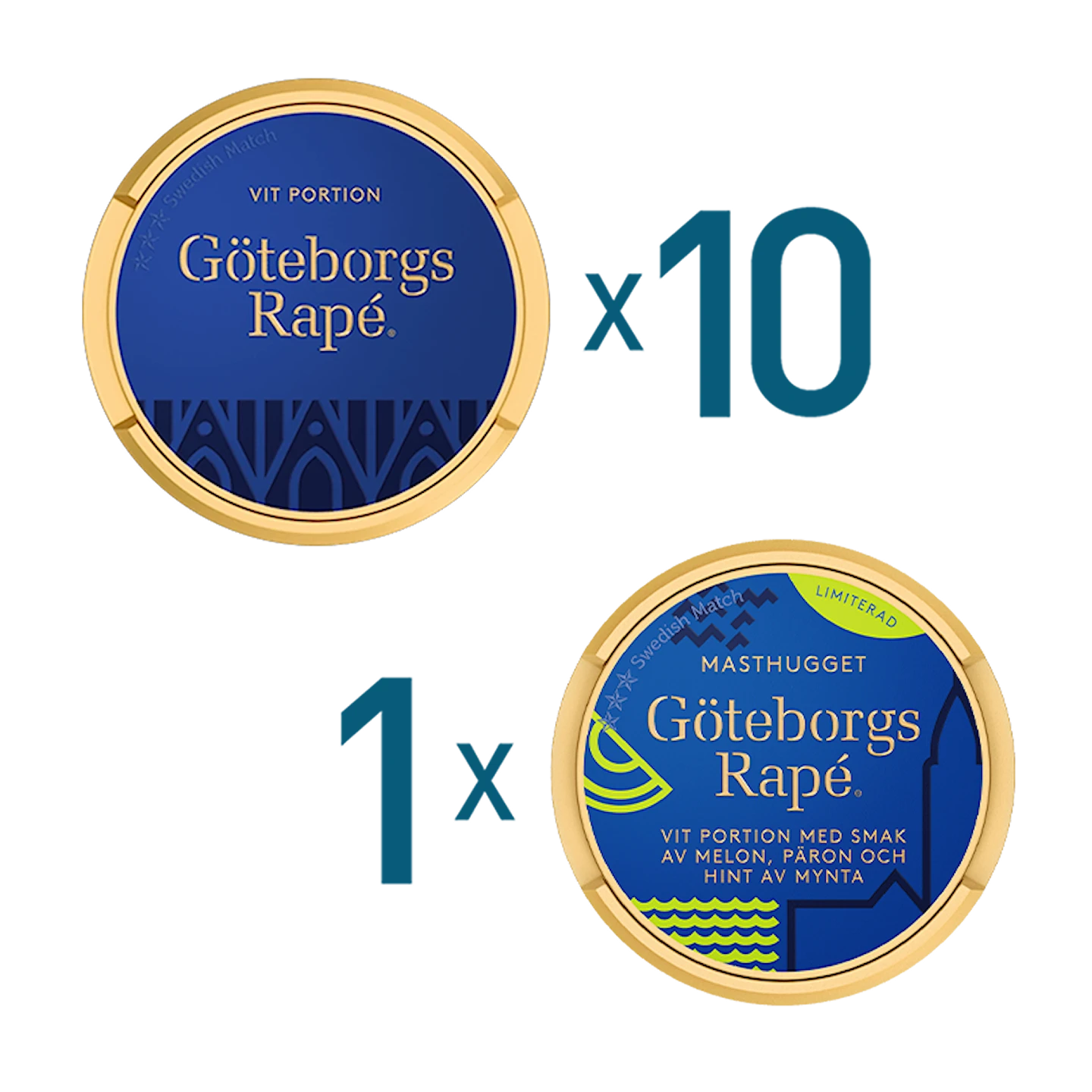 10 dosor Göteborgs Rapé White Portion och 1 dosa Göteborgs Rapé Masthugget Mixpaket