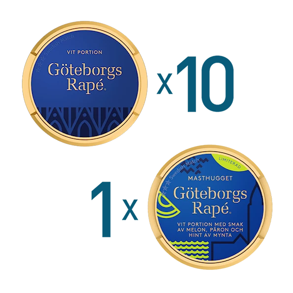 10 dosor Göteborgs Rapé White Portion och 1 dosa Göteborgs Rapé Masthugget Mixpaket
